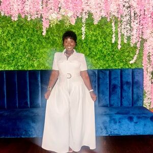 Fashion Nova White Short-Sleeve Wide-Leg Jumpsuit with Belt